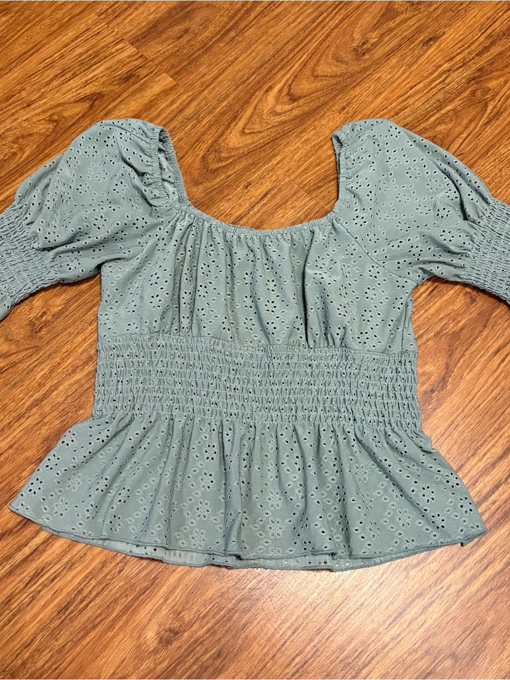 URBAN Romantics Sage Green Eyelet Smocked Peplum Top